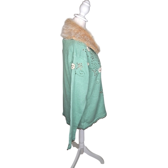 Vintage Storybook Knits Womens Mint Green Cardigan Floral Sz M Faux Fur Collar - Picture 2 of 13